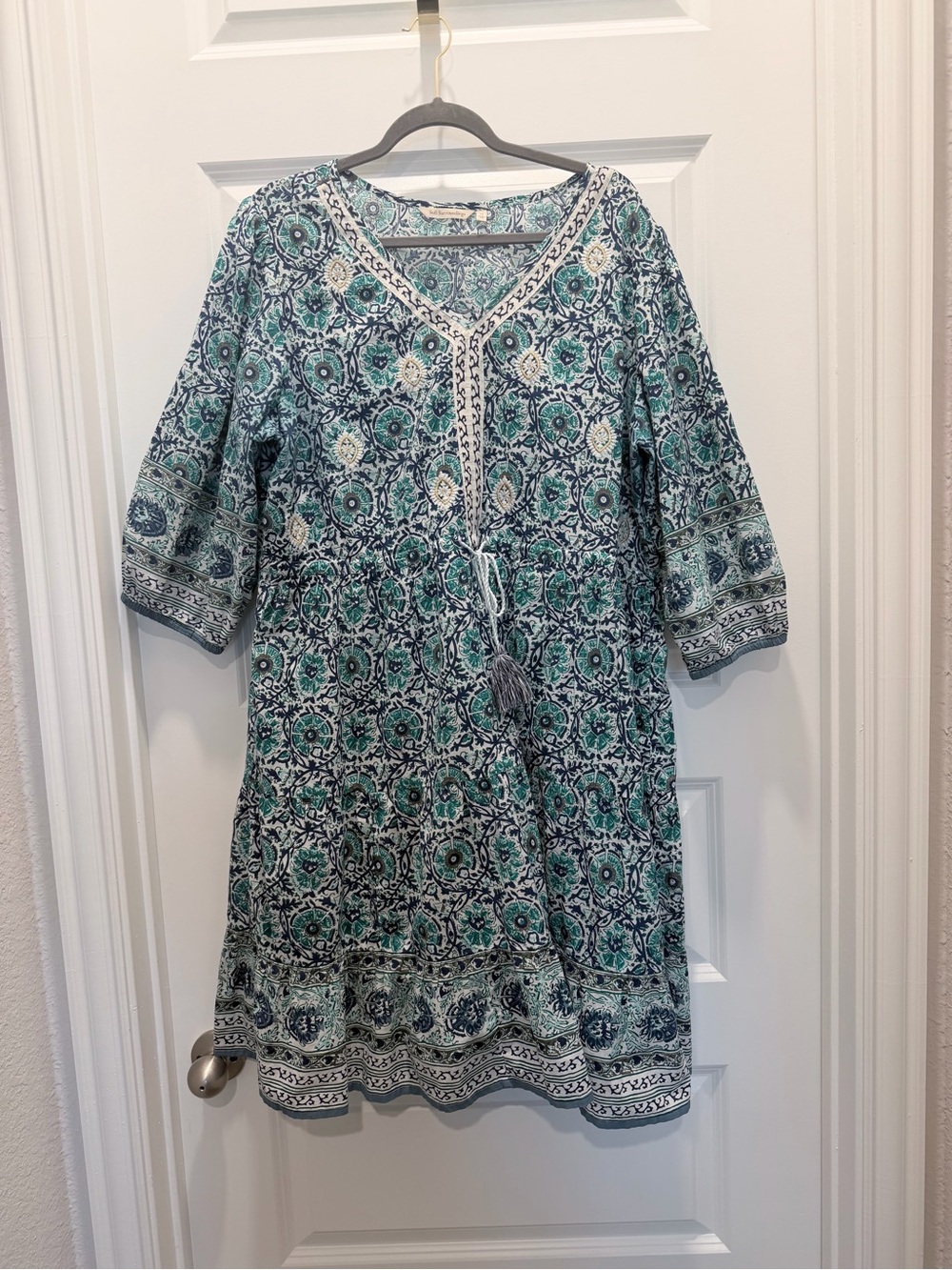 Soft Surroundings Teal and Navy Floral V-Neck Tassel Tunic